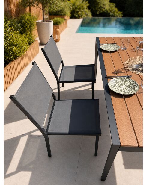 Ensemble table de jardin Tonga en aluminium et plateau polywood aspect bois et 4 chaises Tolede empilables gris anthracite - 5 pièces