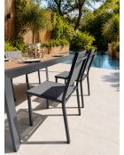 Ensemble table de jardin Tonga en aluminium et plateau polywood aspect bois et 4 chaises Tolede empilables gris anthracite - 5 pièces