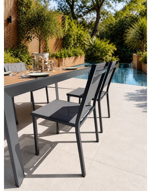 Ensemble table de jardin Tonga en aluminium et plateau polywood aspect bois et 4 chaises Tolede empilables gris anthracite - 5 pièces