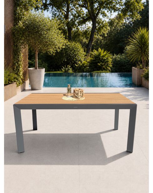 Ensemble table de jardin Tonga en aluminium et plateau polywood aspect bois et 4 chaises Tolede empilables gris anthracite - 5 pièces