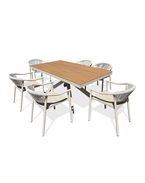 Ensemble table de jardin Lamu en aluminium et plateau polywood aspect bois et 6 fauteuils Sumba grège - 7 pièces
