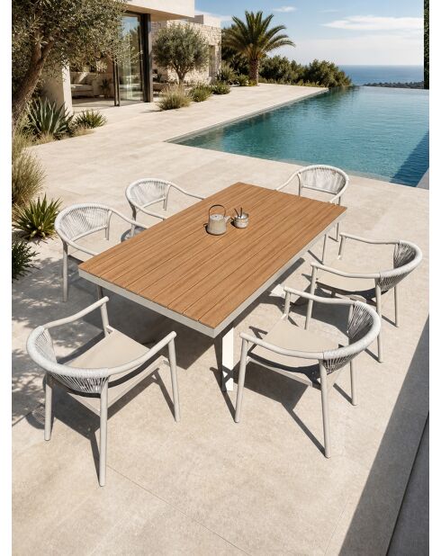 Ensemble table de jardin Lamu en aluminium et plateau polywood aspect bois et 6 fauteuils Sumba grège - 7 pièces