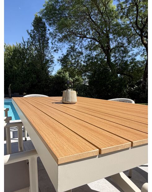Ensemble table de jardin Lamu en aluminium et plateau polywood aspect bois et 6 fauteuils Sumba grège - 7 pièces