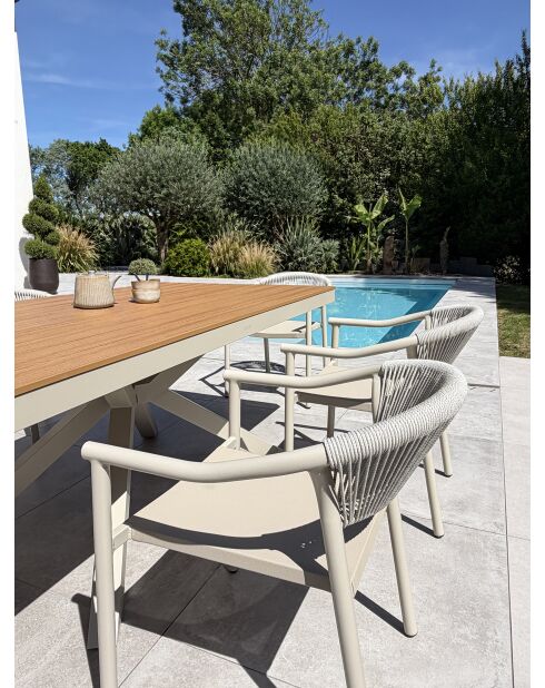 Ensemble table de jardin Lamu en aluminium et plateau polywood aspect bois et 6 fauteuils Sumba grège - 7 pièces