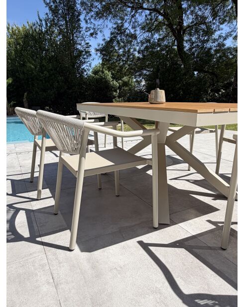Ensemble table de jardin Lamu en aluminium et plateau polywood aspect bois et 6 fauteuils Sumba grège - 7 pièces