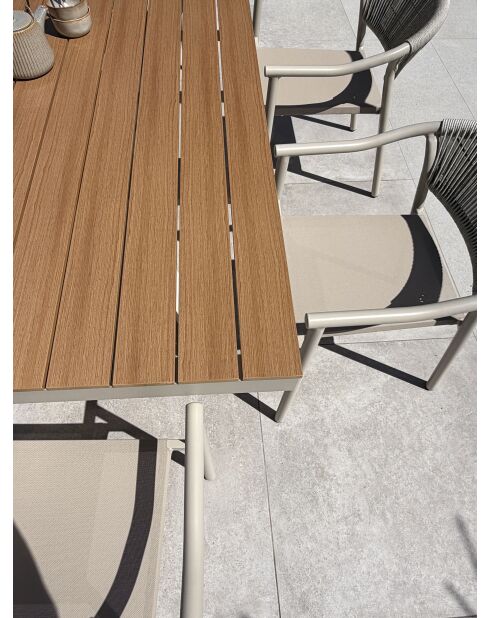 Ensemble table de jardin Lamu en aluminium et plateau polywood aspect bois et 6 fauteuils Sumba grège - 7 pièces