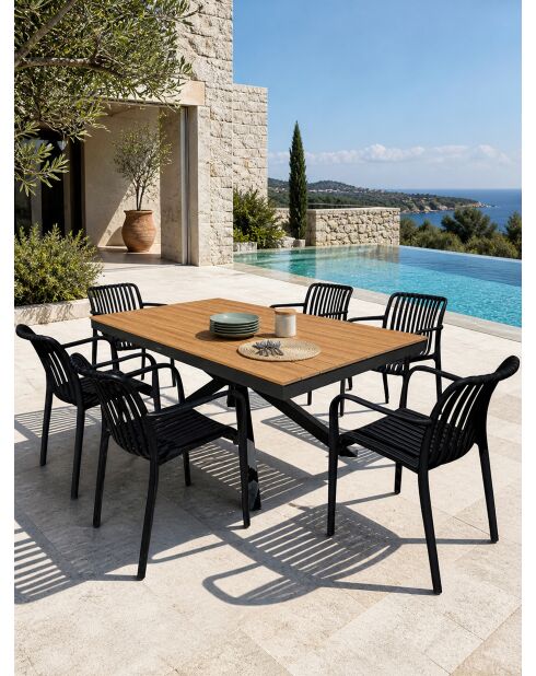 Lot composé d'une table de jardin Lamu en aluminium et plateau polywood aspect bois et 6 fauteuils Tiago noirs gris anthracite - 7 pièces