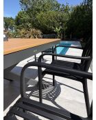 Set bestehend aus einem Lamu-Gartentisch aus Aluminium und einer Polywood-Platte in Holzoptik sowie 6 schwarzen, anthrazitgrauen Tiago-Sesseln — 7-teilig