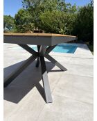 Set bestehend aus einem Lamu-Gartentisch aus Aluminium und einer Polywood-Platte in Holzoptik sowie 6 schwarzen, anthrazitgrauen Tiago-Sesseln — 7-teilig