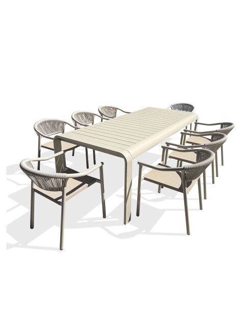 Ensemble table de jardin Hanoi en aluminium et 8 fauteuils Sumba grège - 9 pièces