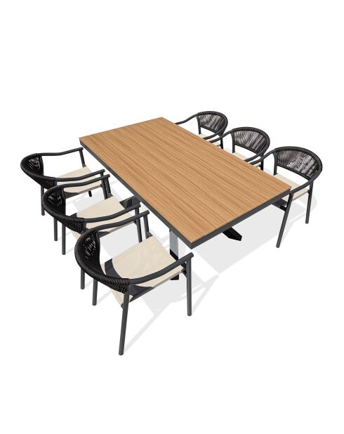 Lot composé d'une table de jardin Lamu en aluminium et plateau polywood aspect bois et 6 fauteuils Sumba gris anthracite - 7 pièces