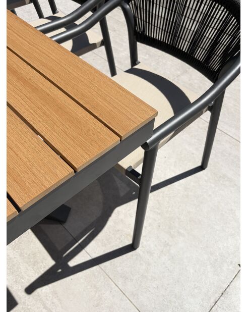Lot composé d'une table de jardin Lamu en aluminium et plateau polywood aspect bois et 6 fauteuils Sumba gris anthracite - 7 pièces