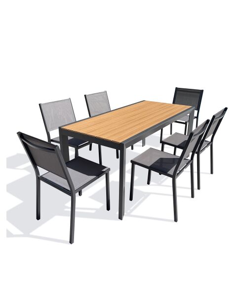 Ensemble table de jardin Tonga en aluminium et plateau polywood aspect bois et 6 chaises Tolede empilables gris anthracite - 7 pièces
