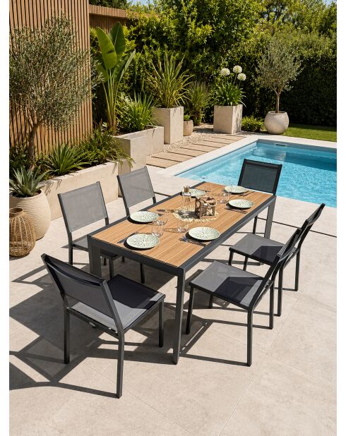 Ensemble table de jardin Tonga en aluminium et plateau polywood aspect bois et 6 chaises Tolede empilables gris anthracite - 7 pièces
