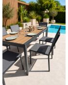 Ensemble table de jardin Tonga en aluminium et plateau polywood aspect bois et 6 chaises Tolede empilables gris anthracite - 7 pièces