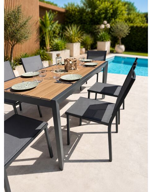 Ensemble table de jardin Tonga en aluminium et plateau polywood aspect bois et 6 chaises Tolede empilables gris anthracite - 7 pièces
