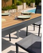 Ensemble table de jardin Tonga en aluminium et plateau polywood aspect bois et 6 chaises Tolede empilables gris anthracite - 7 pièces