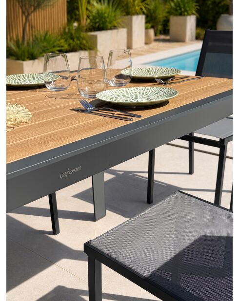 Ensemble table de jardin Tonga en aluminium et plateau polywood aspect bois et 6 chaises Tolede empilables gris anthracite - 7 pièces