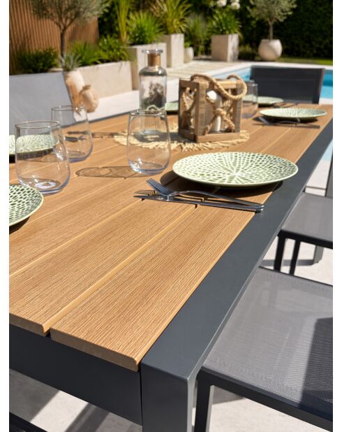 Ensemble table de jardin Tonga en aluminium et plateau polywood aspect bois et 6 chaises Tolede empilables gris anthracite - 7 pièces
