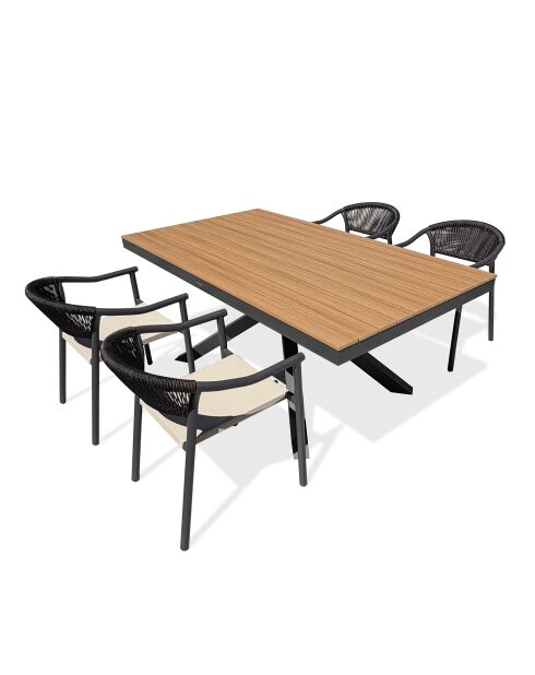 Lot composé d'une table de jardin Lamu en aluminium et plateau polywood aspect bois et 4 fauteuils Sumba gris anthracite - 5 pièces