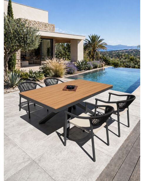 Lot composé d'une table de jardin Lamu en aluminium et plateau polywood aspect bois et 4 fauteuils Sumba gris anthracite - 5 pièces