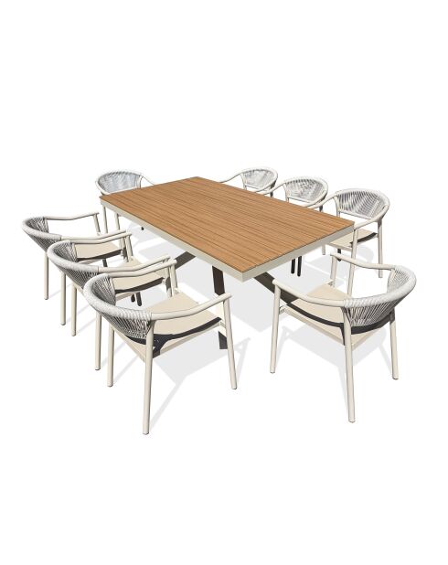 Ensemble table de jardin Lamu en aluminium et plateau polywood aspect bois et 8 fauteuils Sumba grège - 9 pièces