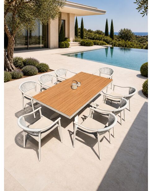 Ensemble table de jardin Lamu en aluminium et plateau polywood aspect bois et 8 fauteuils Sumba grège - 9 pièces