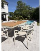 Ensemble table de jardin Lamu en aluminium et plateau polywood aspect bois et 8 fauteuils Sumba grège - 9 pièces
