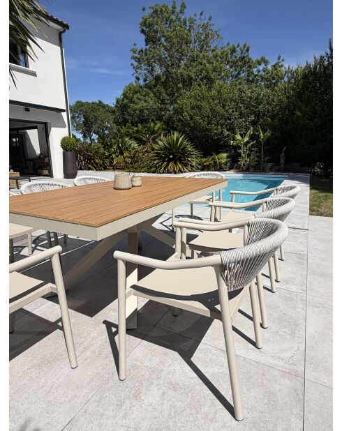 Ensemble table de jardin Lamu en aluminium et plateau polywood aspect bois et 8 fauteuils Sumba grège - 9 pièces