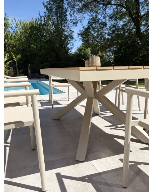Ensemble table de jardin Lamu en aluminium et plateau polywood aspect bois et 8 fauteuils Sumba grège - 9 pièces