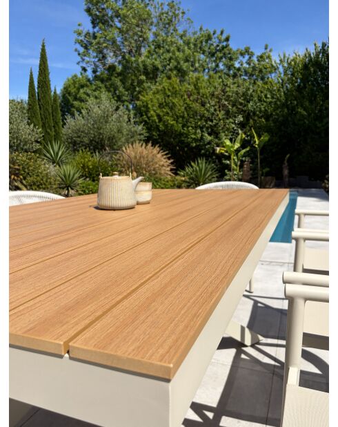 Ensemble table de jardin Lamu en aluminium et plateau polywood aspect bois et 8 fauteuils Sumba grège - 9 pièces