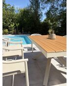Ensemble table de jardin Lamu en aluminium et plateau polywood aspect bois et 8 fauteuils Sumba grège - 9 pièces