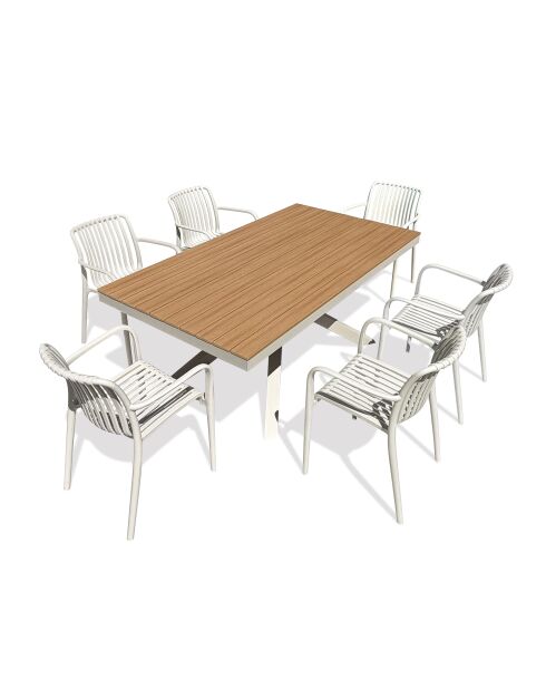 Ensemble table de jardin Lamu en aluminium et plateau polywood aspect bois et 6 fauteuils Tiago sable grège - 7 pièces