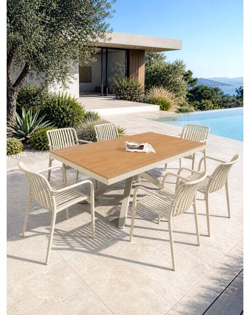 Ensemble table de jardin Lamu en aluminium et plateau polywood aspect bois et 6 fauteuils Tiago sable grège - 7 pièces