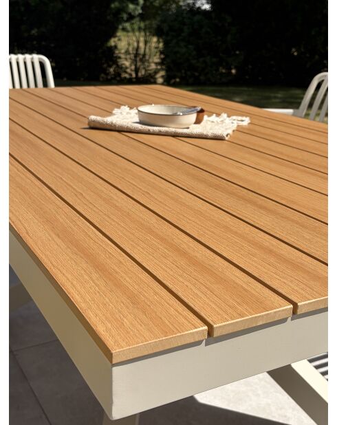Ensemble table de jardin Lamu en aluminium et plateau polywood aspect bois et 6 fauteuils Tiago sable grège - 7 pièces