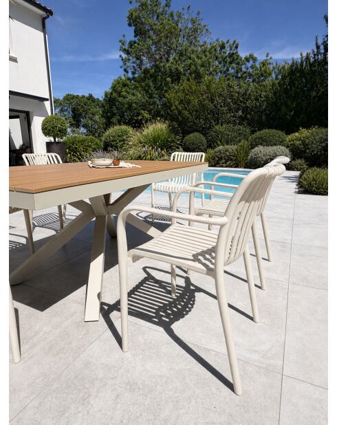 Ensemble table de jardin Lamu en aluminium et plateau polywood aspect bois et 6 fauteuils Tiago sable grège - 7 pièces