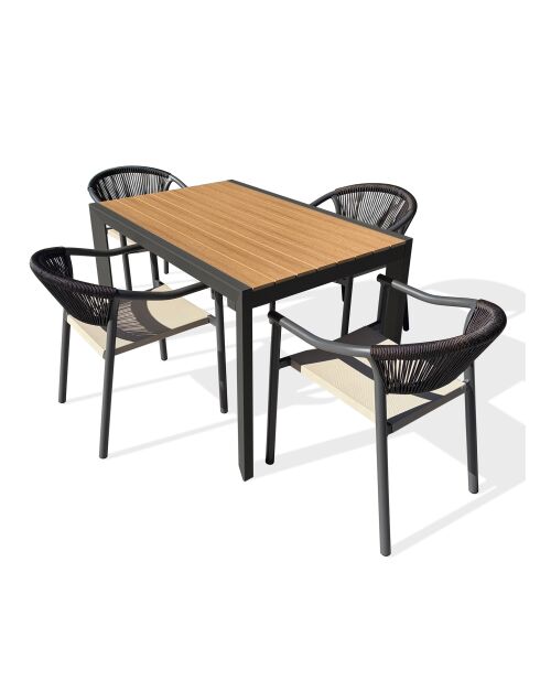Ensemble repas d'une table de jardin Tonga en aluminium et plateau polywood aspect bois et 4 fauteuils Sumba gris anthracite - 5 pièces