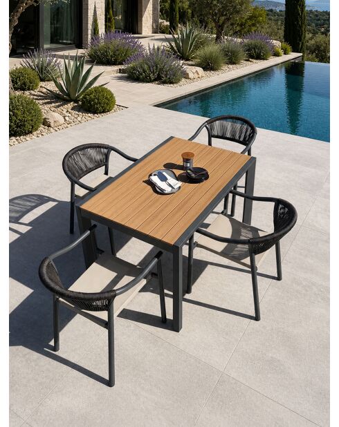 Ensemble repas d'une table de jardin Tonga en aluminium et plateau polywood aspect bois et 4 fauteuils Sumba gris anthracite - 5 pièces