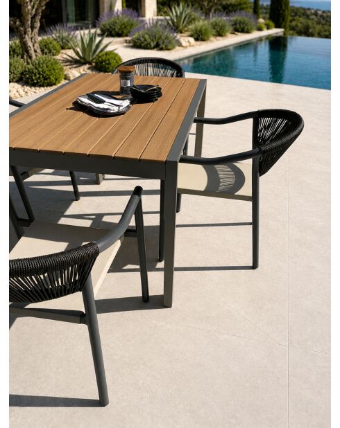 Ensemble repas d'une table de jardin Tonga en aluminium et plateau polywood aspect bois et 4 fauteuils Sumba gris anthracite - 5 pièces