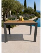 Ensemble repas d'une table de jardin Tonga en aluminium et plateau polywood aspect bois et 4 fauteuils Sumba gris anthracite - 5 pièces