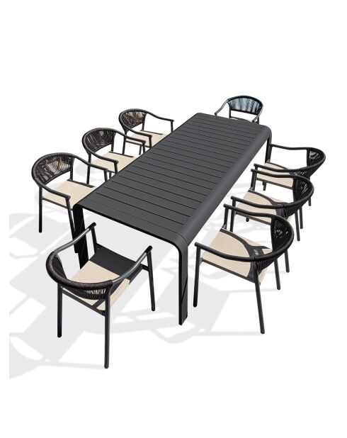 Ensemble table de jardin Hanoi en aluminium et 8 fauteuils Sumba gris anthracite - 9 pièces