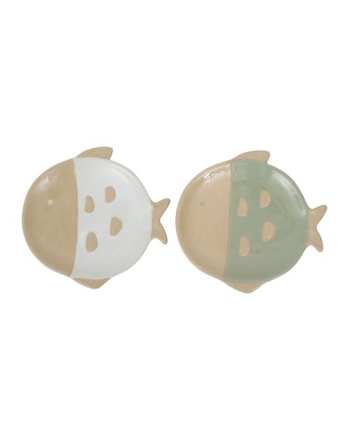 2 plats poisson Posei blanc/vert d'eau - 19x18 cm