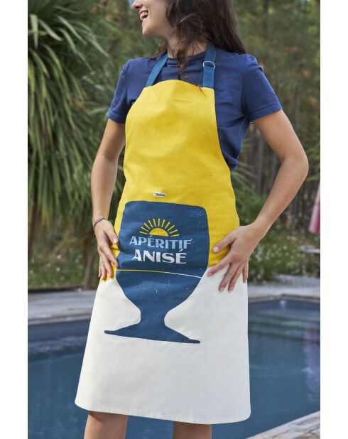 Tablier en coton Pastis jaune/bleu marine - 68x85 cm