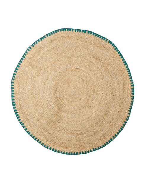 Tapis rond en coton Patchuca naturel/émeraude - D100 cm