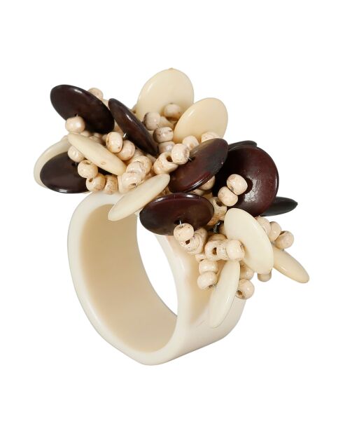 Rond de serviette en résine Floral blanc cassé/brun - D3,5-5x6x3 cm