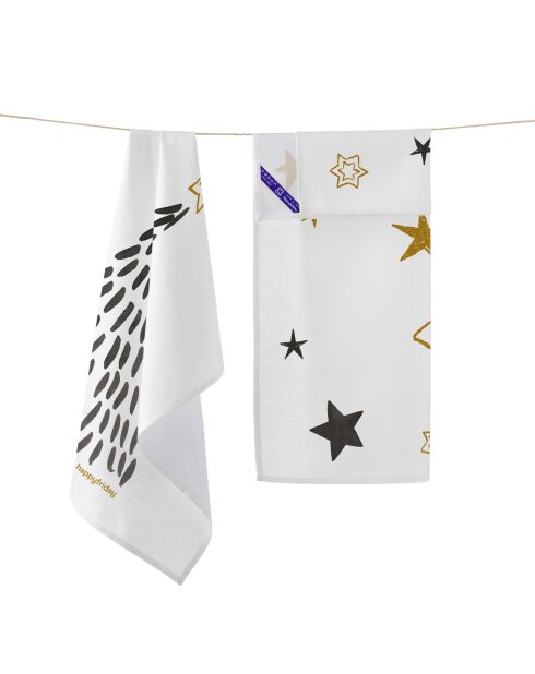 2 veelkleurige gouden katoenen kersttheedoeken - 70x50 cm