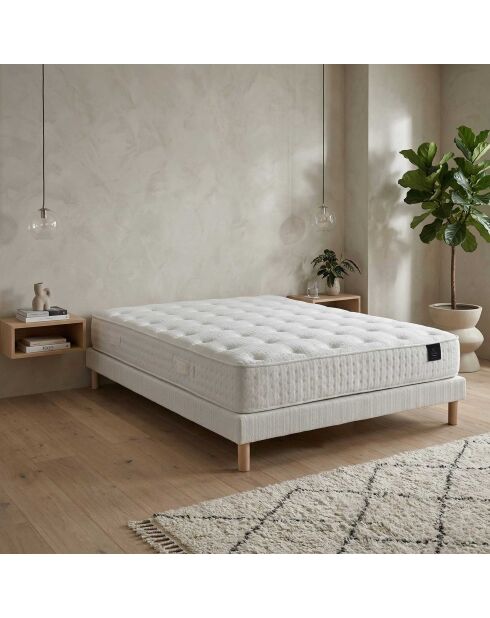 Ensemble matelas ressorts Pulsar mémoire de forme, garnissage cachemire, H27 cm, sommiers blanc pieds de poule - 140x190 cm