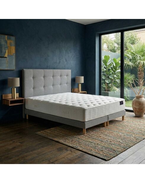 Ensemble matelas ressorts Helios mémoire de forme, garnissage cachemire, H31 cm, sommier et tête de lit gris clair - 160x200 cm