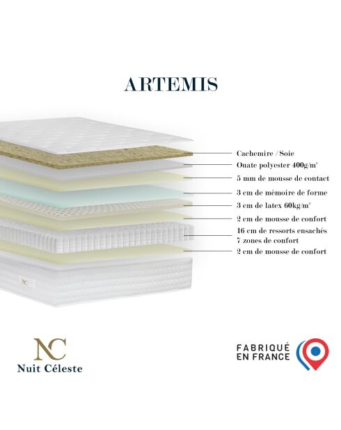 Ensemble matelas ressorts ensachés Artemis 2 mémoire de forme, garnissage cachemire, H26 cm, sommier et tête de lit bleu - 160x200 cm