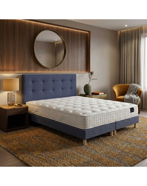 Ensemble matelas ressorts ensachés Hecate 2 H26 cm, sommier et tête de lit bleu - 160x200 cm